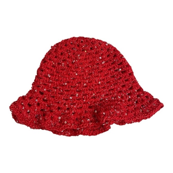 Red ruffle crochet trim hat with sequins. Handmade - Picture 5 of 12